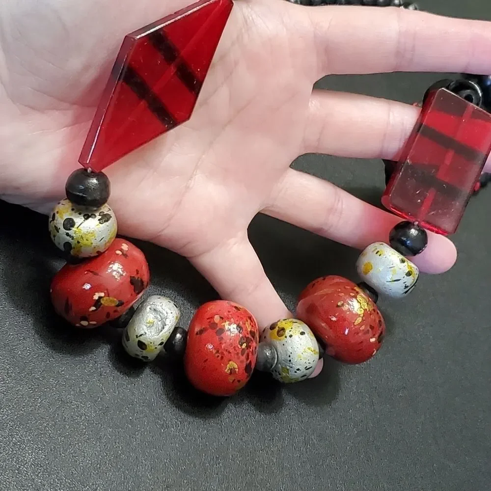 Red and black painted wood bead necklace 28